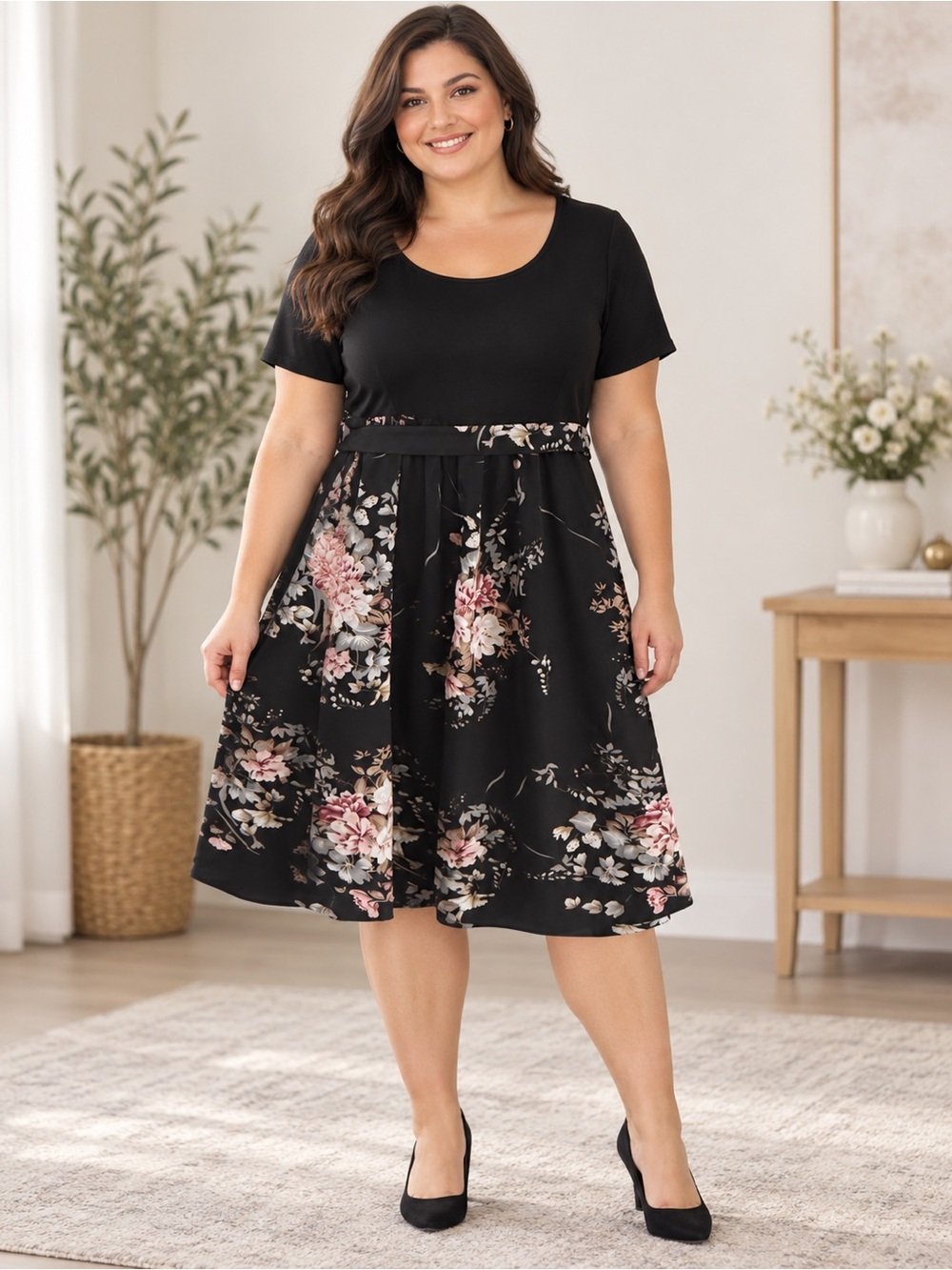 NWT Floral Fit & Flare Black Dress with Pink Accents Sz 2XL